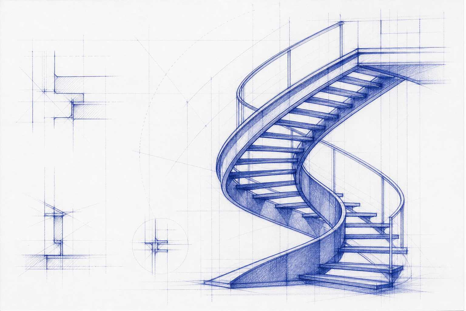 Blue pen architectural stair sketch on drafting paper