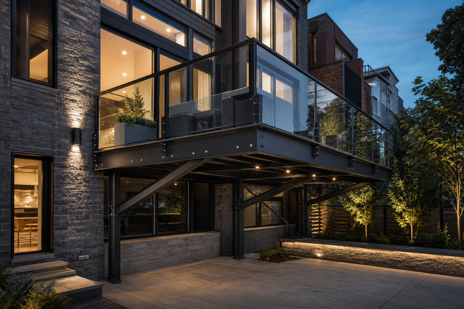 Cantilevered steel deck on a residential facade