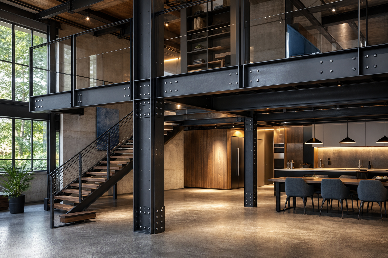 Blackened steel mezzanine structure in a loft